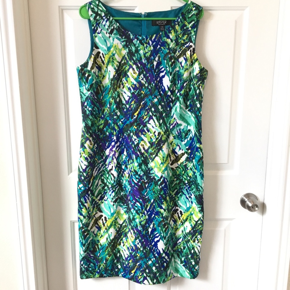 Kasper | Green and Blue sleeveless  sheath dress